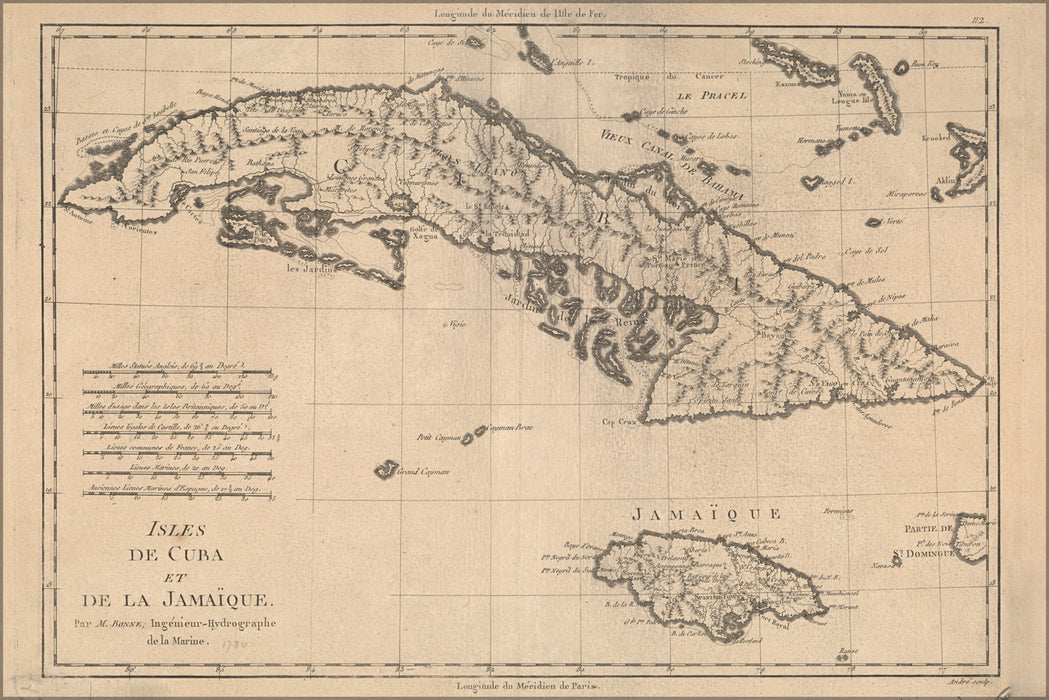 24"x36" Gallery Poster, map of Isles de Cuba et de la Jamaica 1788