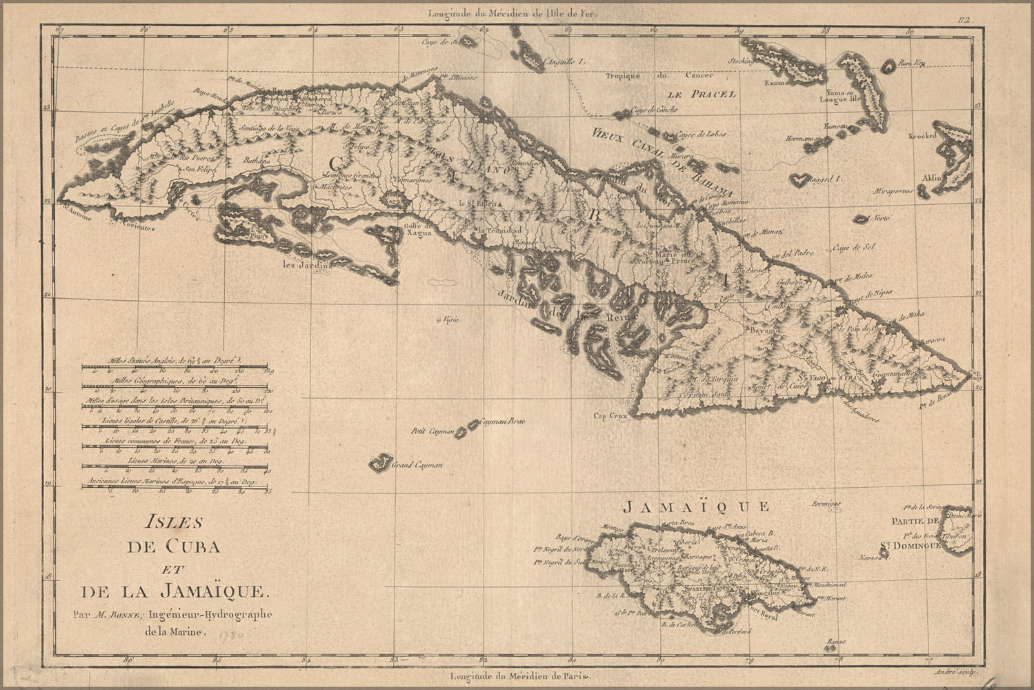 24"x36" Gallery Poster, map of Isles de Cuba et de la Jamaica 1788