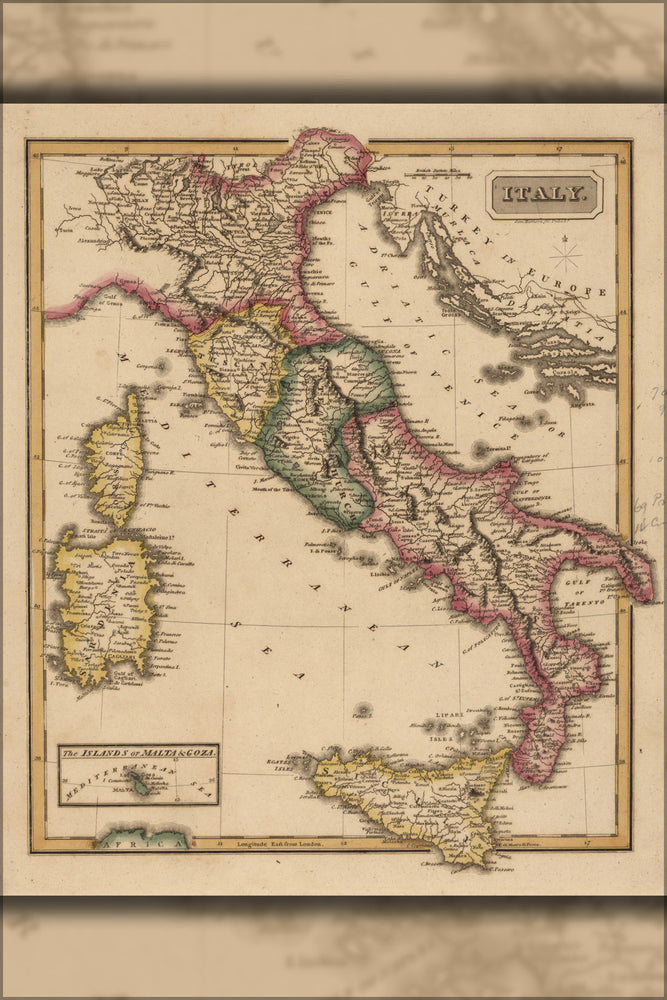 24"x36" Gallery Poster, map of Italy 1817