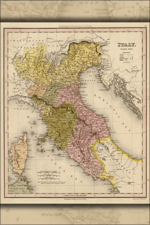 24"x36" Gallery Poster, map of Italy 1844