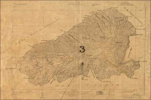 24"x36" Gallery Poster, map of Kahoolawe, Hawaii topography 1926