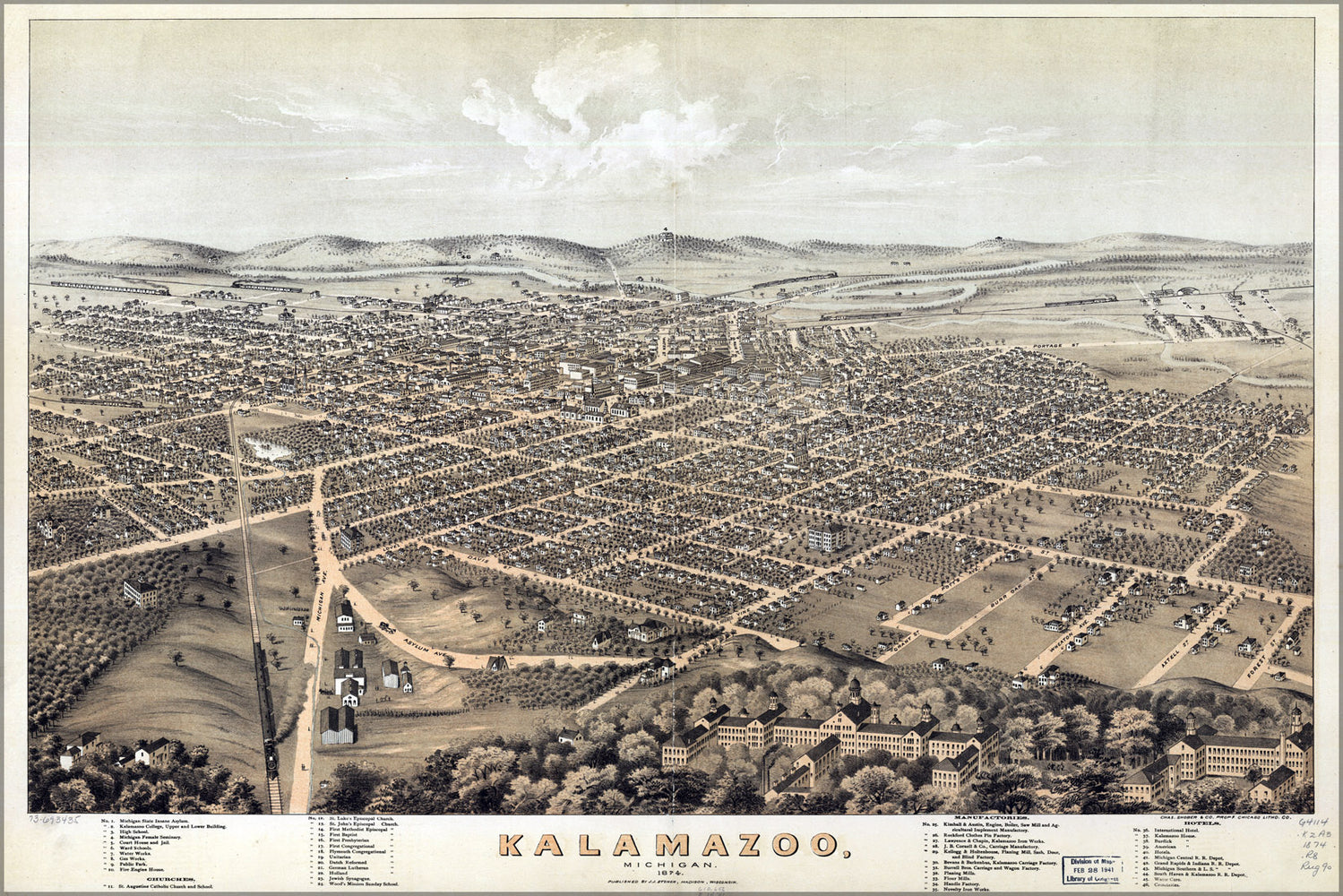 24"x36" Gallery Poster, map of Kalamazoo, Michigan 1874