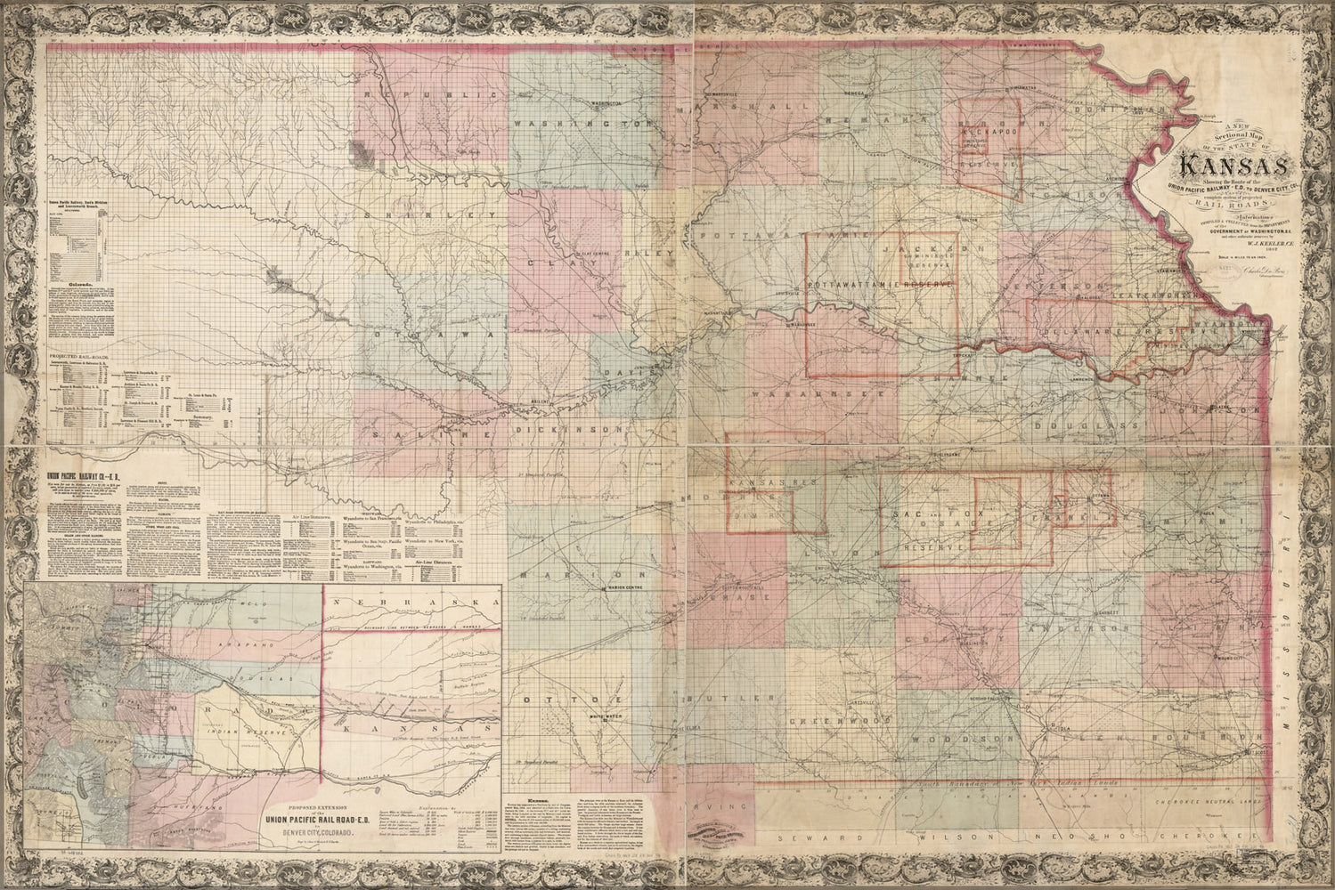 24"x36" Gallery Poster, map of Kansas with Union Pacific Railroad 1867