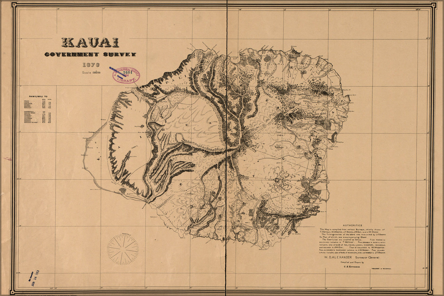 24"x36" Gallery Poster, map of Kauai hawaii, 1878