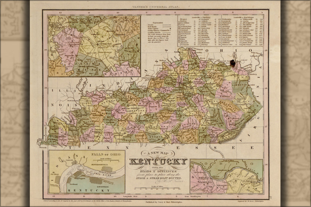 24"x36" Gallery Poster, map of Kentucky 1844