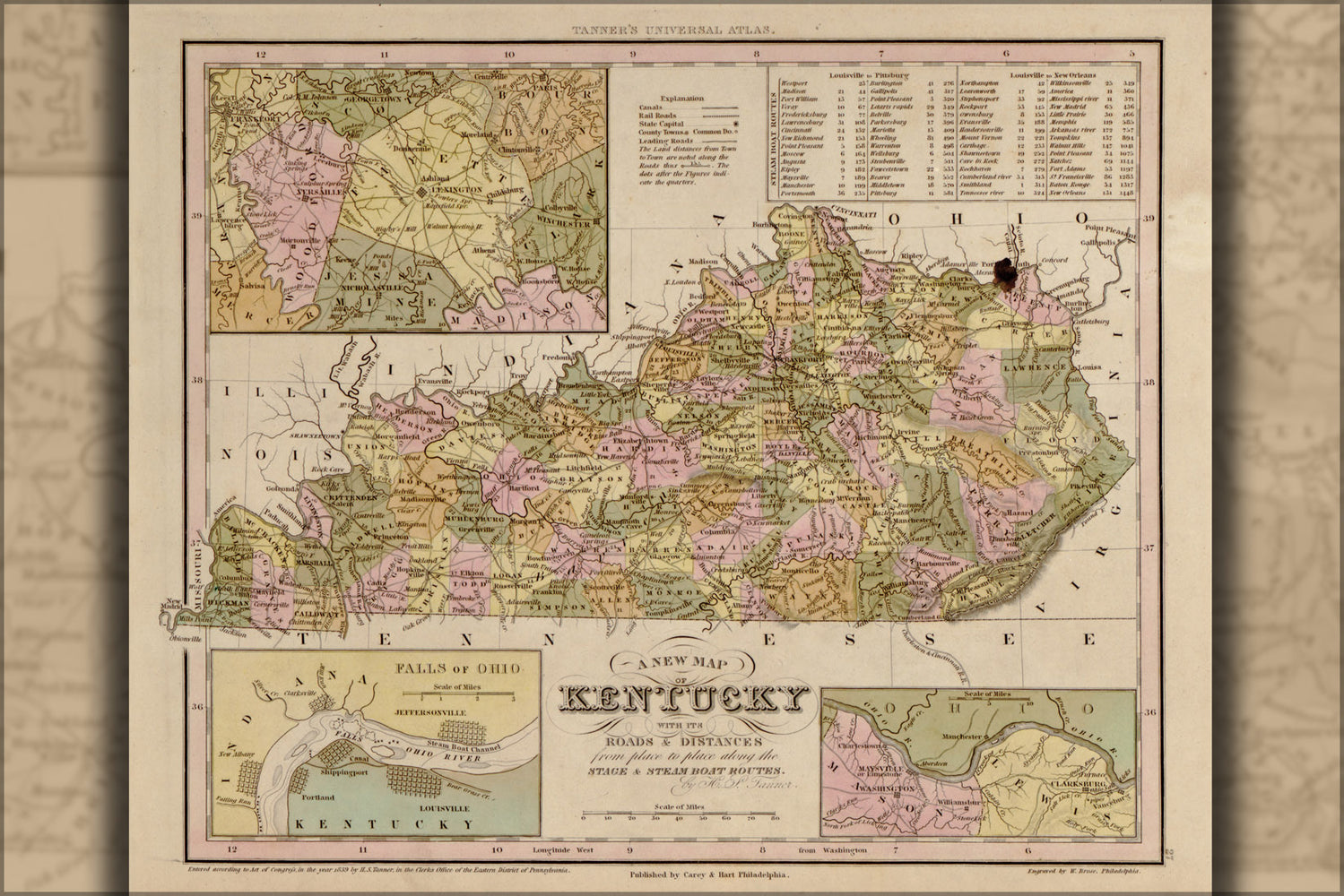 24"x36" Gallery Poster, map of Kentucky 1844