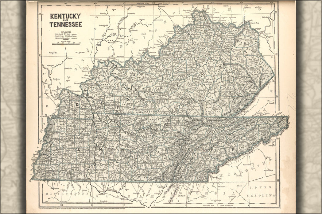 24"x36" Gallery Poster, map of Kentucky and Tennessee 1842