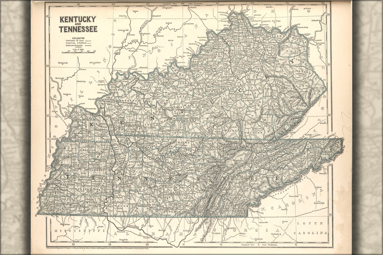24"x36" Gallery Poster, map of Kentucky and Tennessee 1842