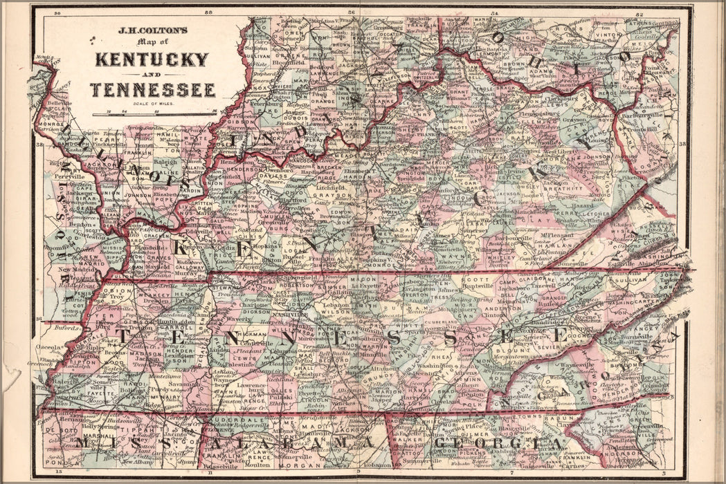 24"x36" Gallery Poster, map of Kentucky and Tennessee 1863