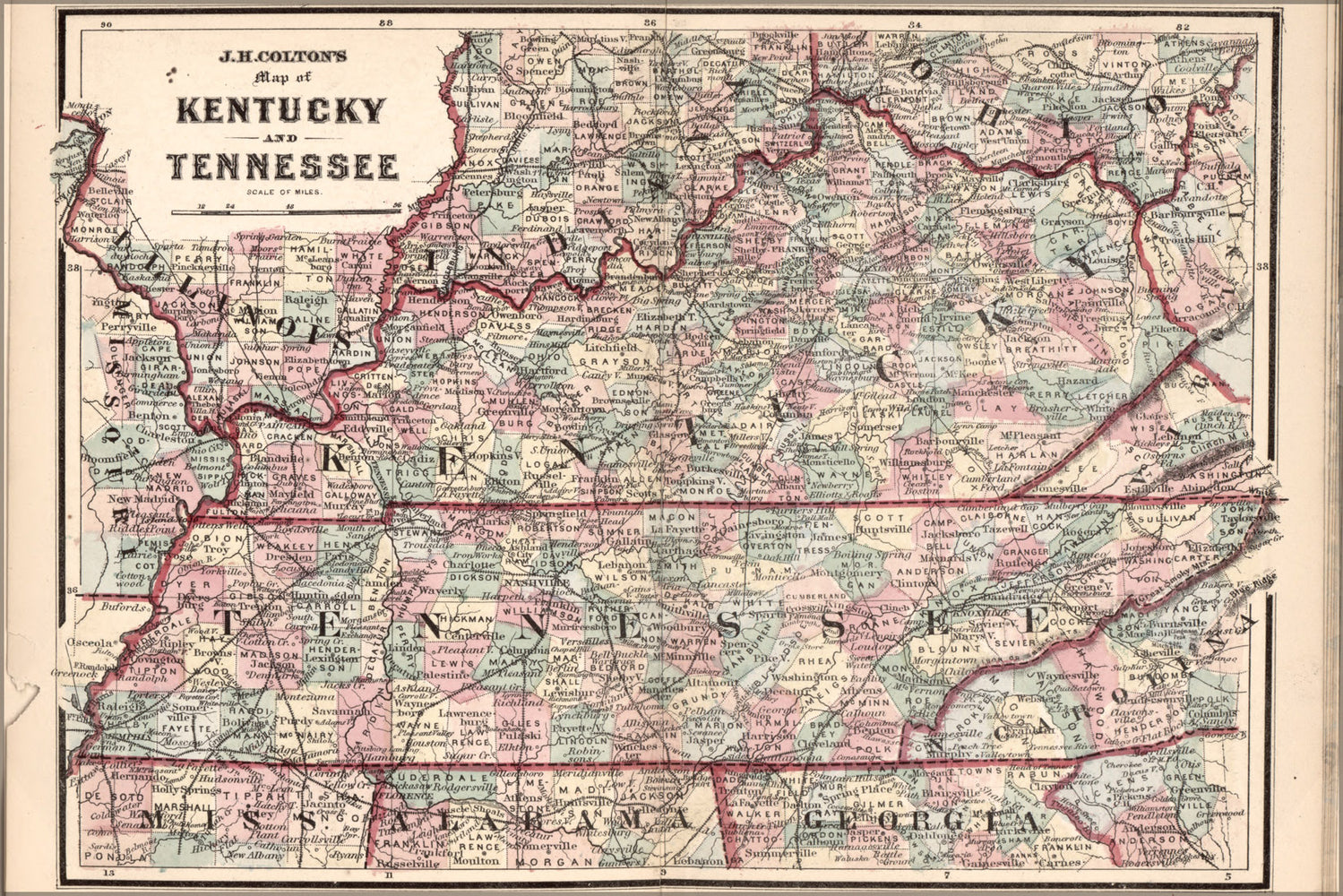 24"x36" Gallery Poster, map of Kentucky and Tennessee 1863