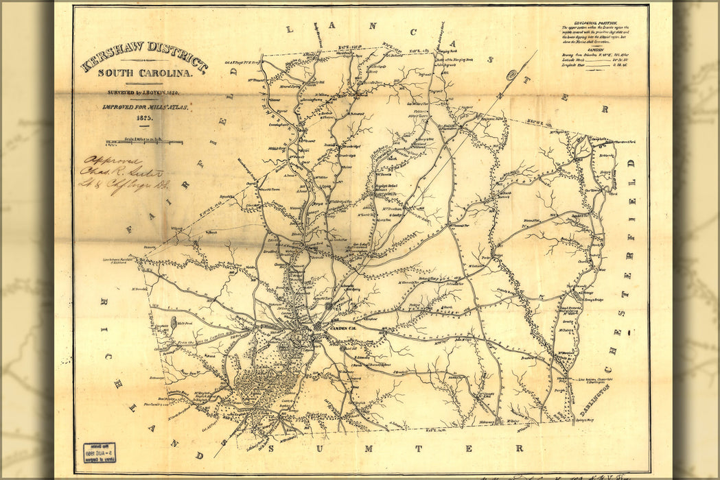 24"x36" Gallery Poster, map of Kershaw District, South Carolina 1825
