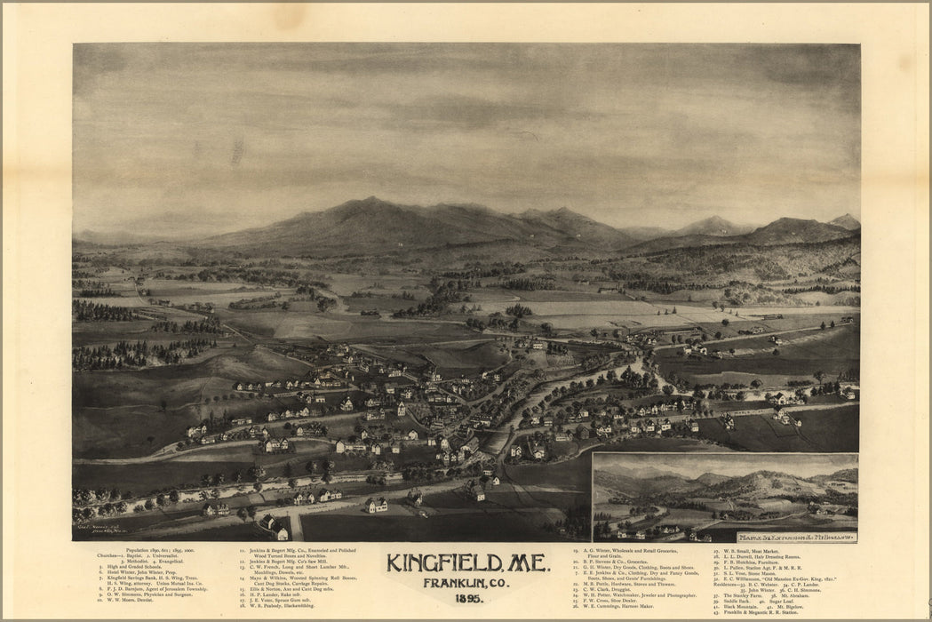 24"x36" Gallery Poster, map of Kingfield, Maine 1895