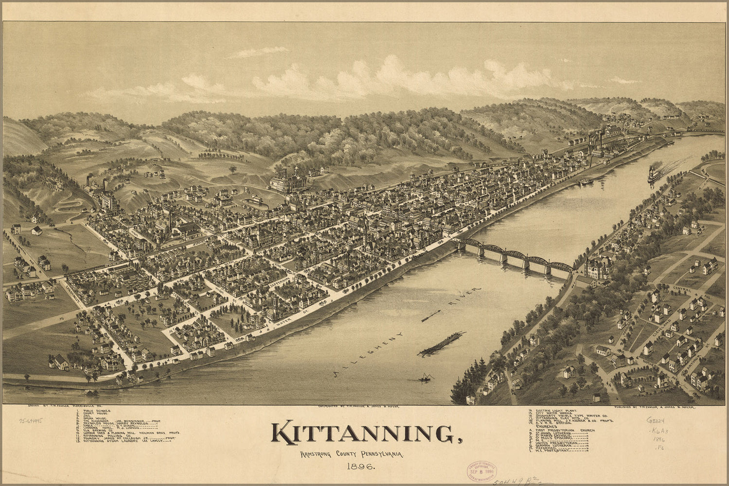 24"x36" Gallery Poster, map of Kittanning, Pennsylvania 1896