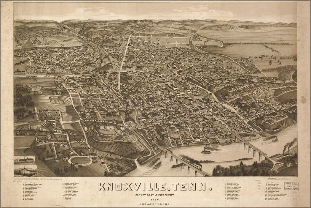24"x36" Gallery Poster, map of Knoxville, Tennessee 1886