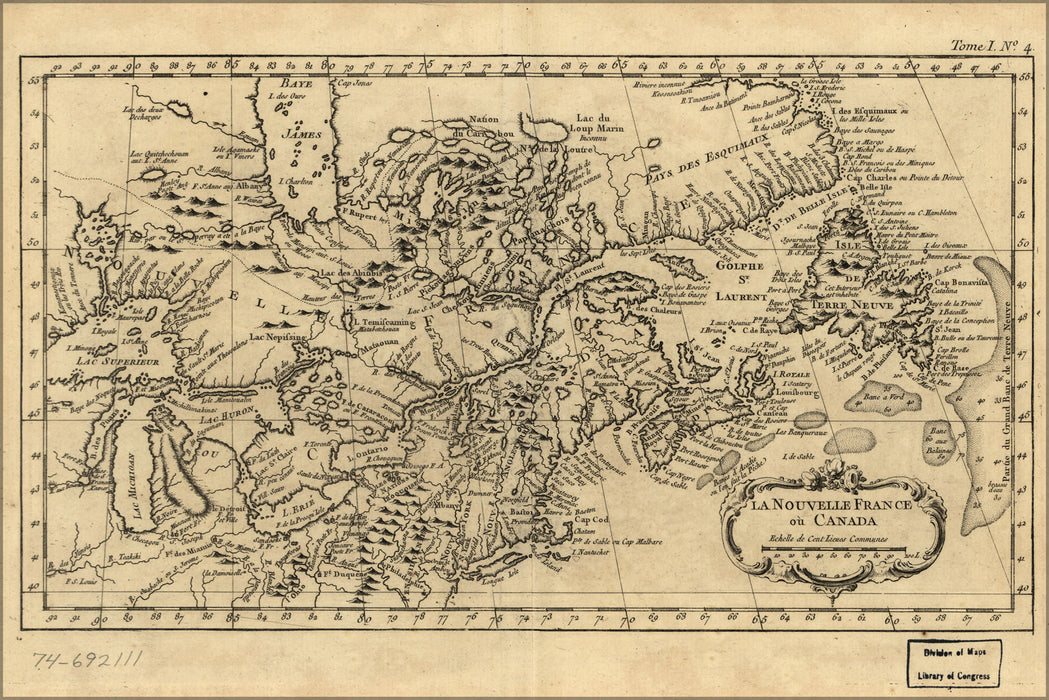 24"x36" Gallery Poster, map of La Nouvelle France ou Canada map 1764