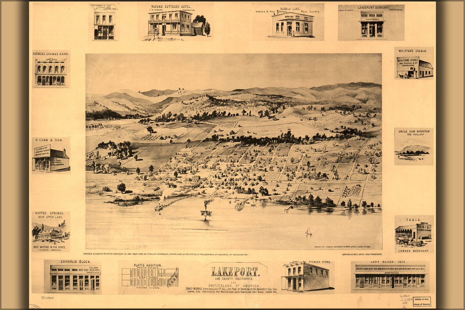 24"x36" Gallery Poster, map of Lakeport, Lake County, California 1888