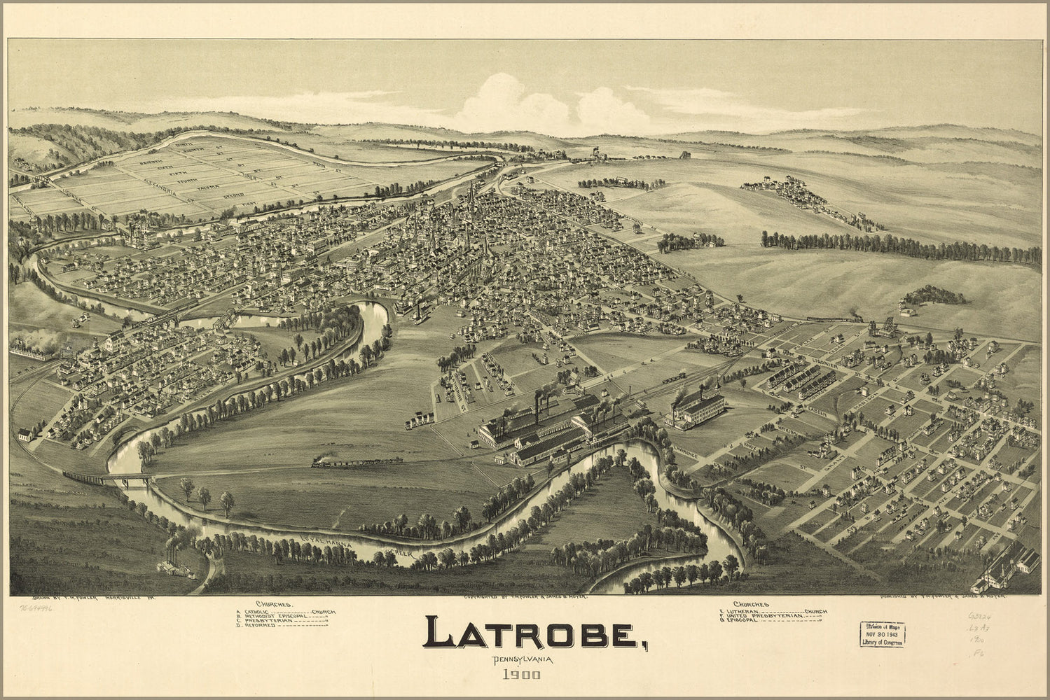 24"x36" Gallery Poster, map of Latrobe, Pennsylvania 1900