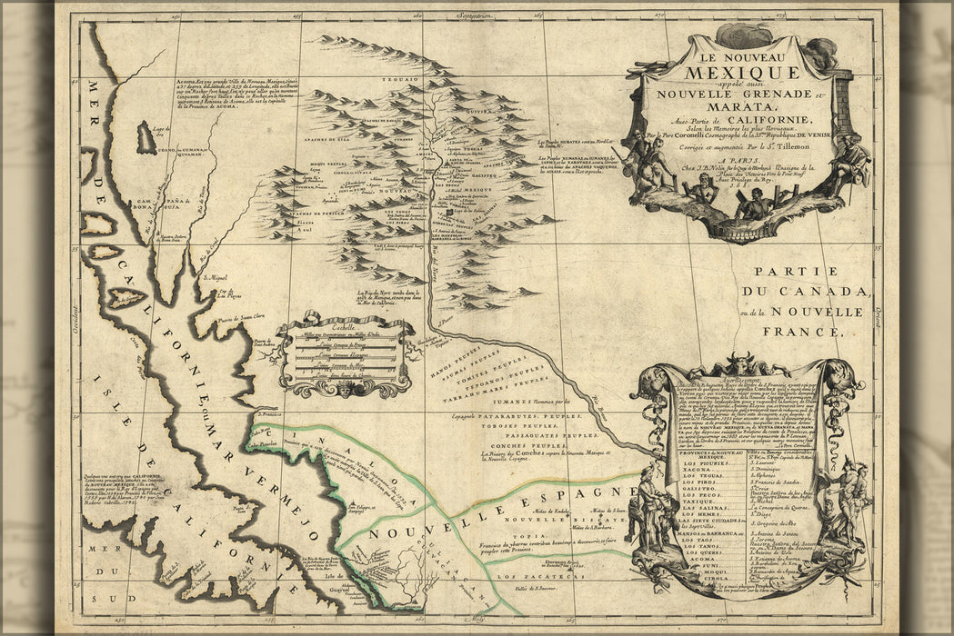 24"x36" Gallery Poster, map of Le nouveau Mexique mexico 1685 in french