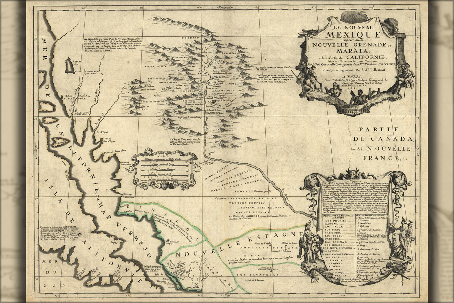 24"x36" Gallery Poster, map of Le nouveau Mexique mexico 1685 in french