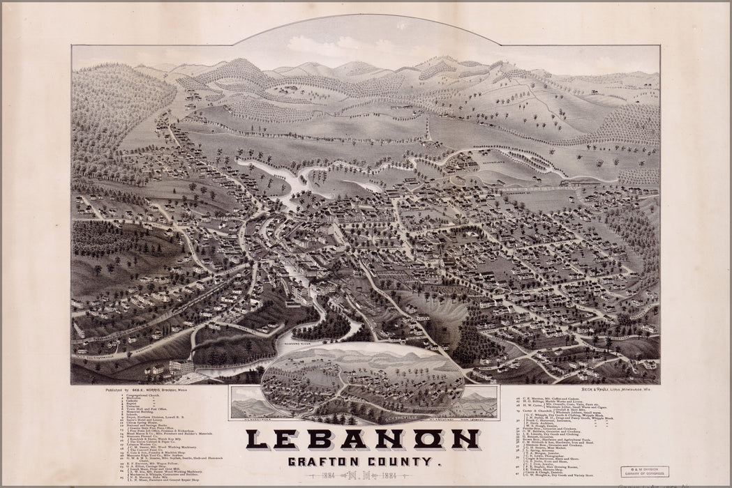 24"x36" Gallery Poster, map of Lebanon Grafton County New hampshire 1884