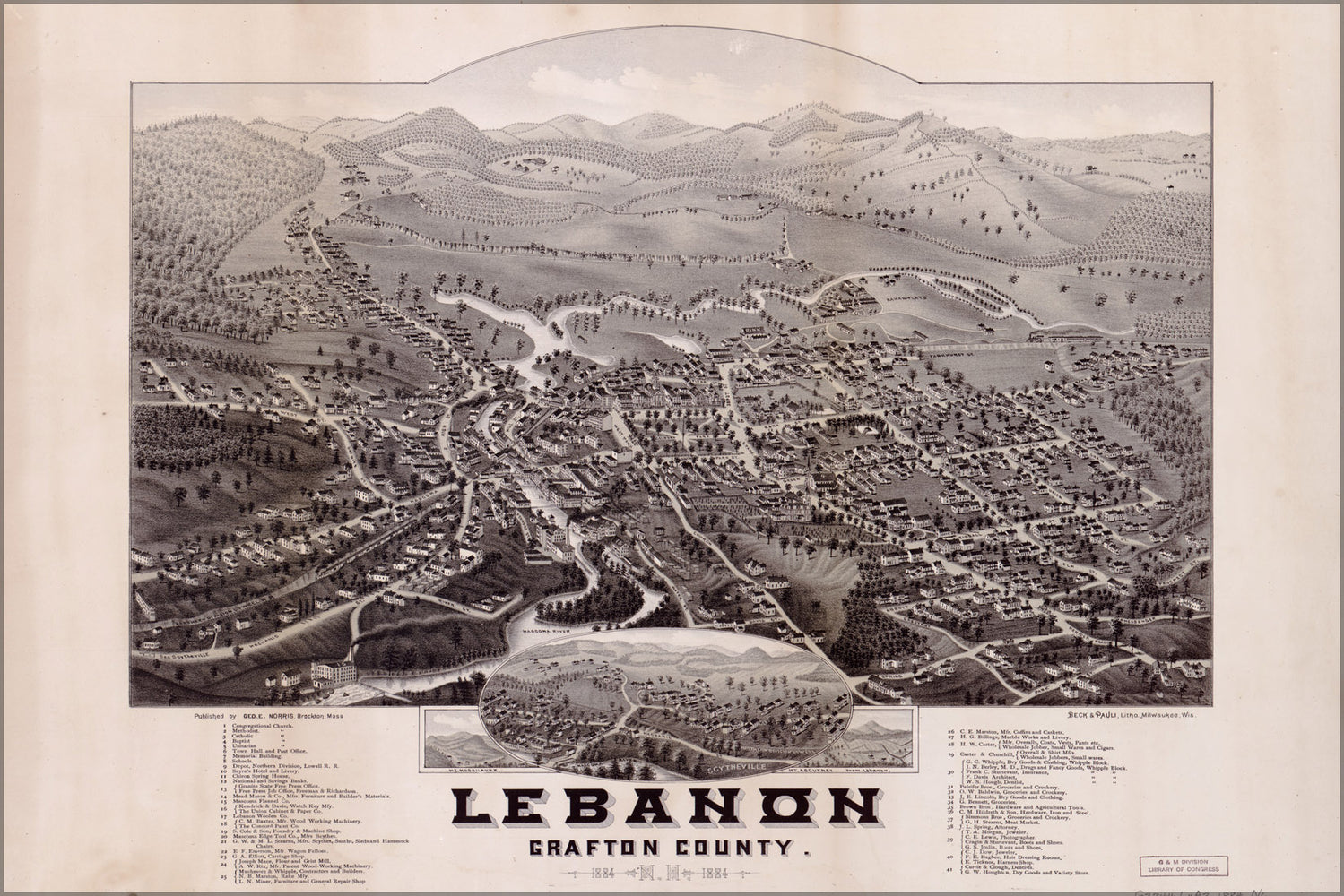 24"x36" Gallery Poster, map of Lebanon Grafton County New hampshire 1884