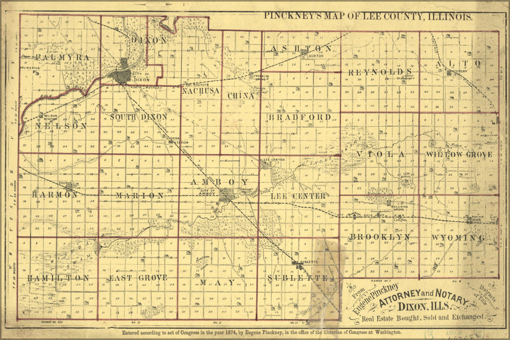 24"x36" Gallery Poster, map of Lee County, Illinois 1874