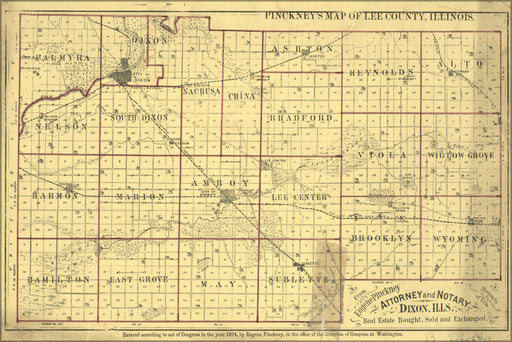 24"x36" Gallery Poster, map of Lee County, Illinois 1874