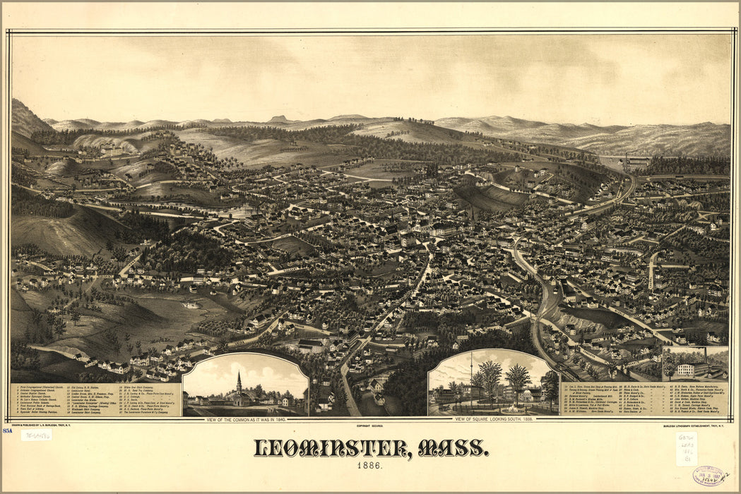 24"x36" Gallery Poster, map of Leominster massachusetts 1886