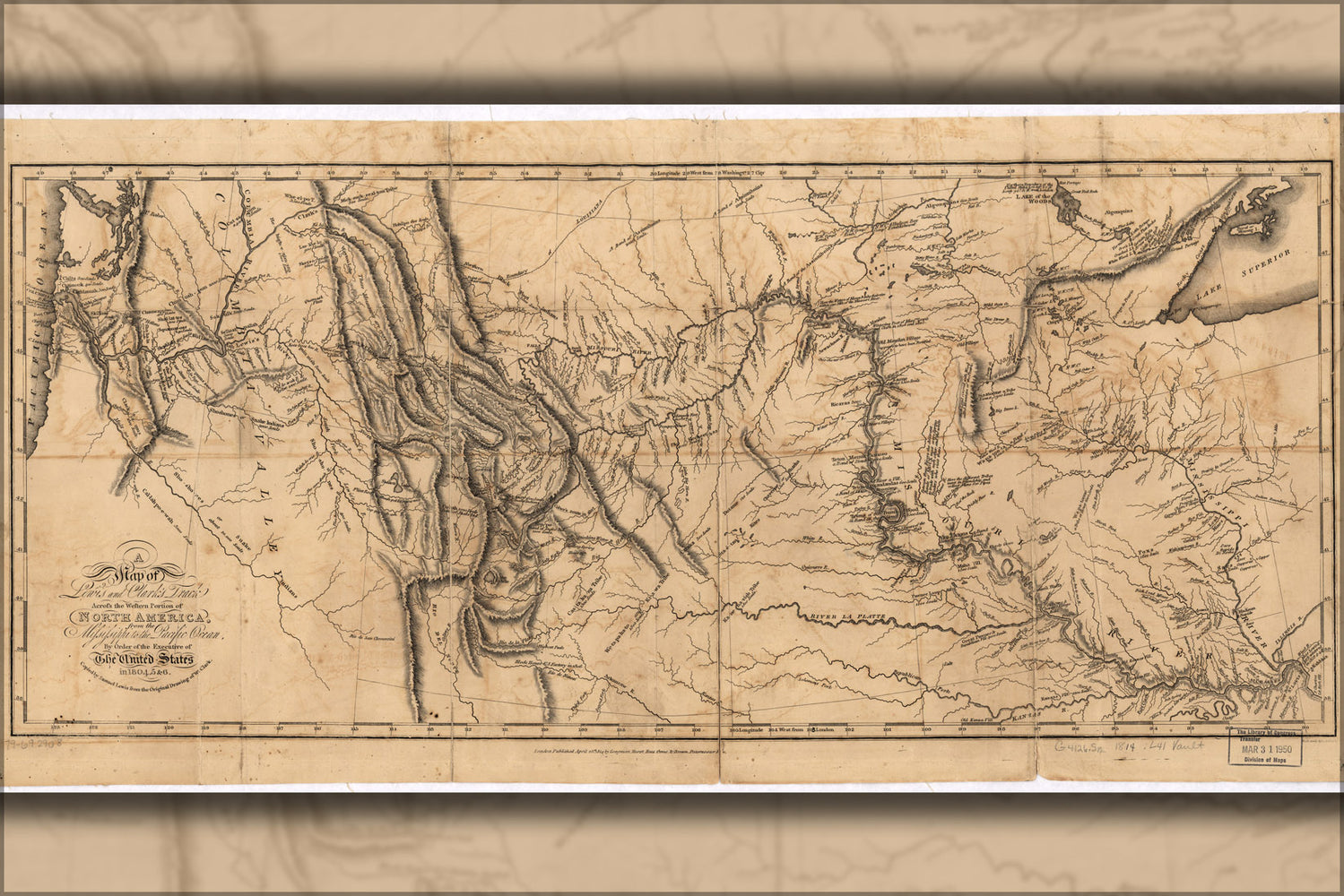 24"x36" Gallery Poster, map of Lewis and Clark's expedition pub 1814