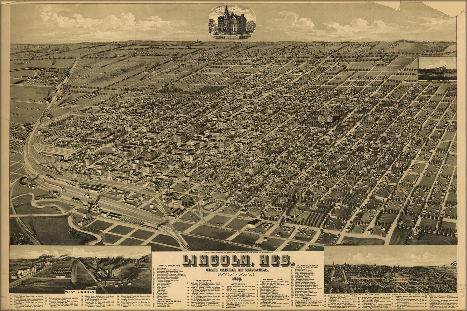 24"x36" Gallery Poster, map of Lincoln Nebraska 1889