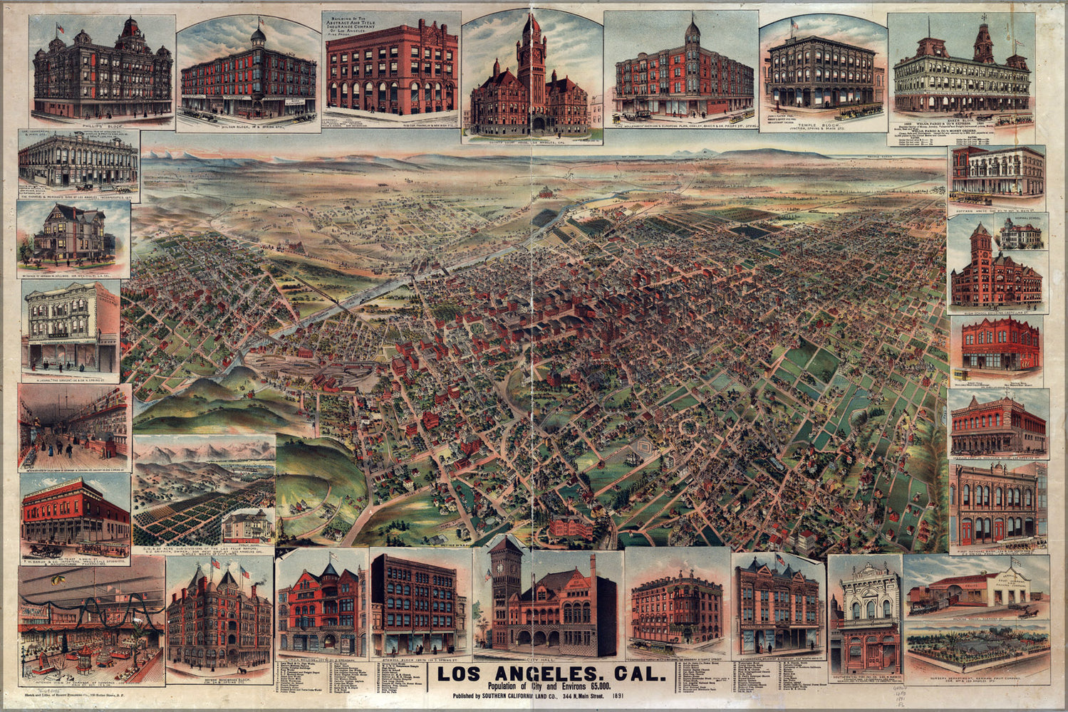 24"x36" Gallery Poster, map of Los Angeles, California 1891
