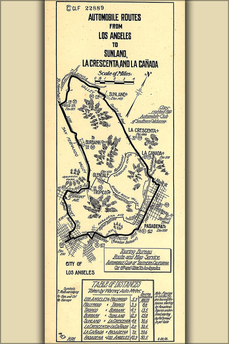 24"x36" Gallery Poster, map of Los Angeles to Sunland, La Crescenta, and La Canada 1912
