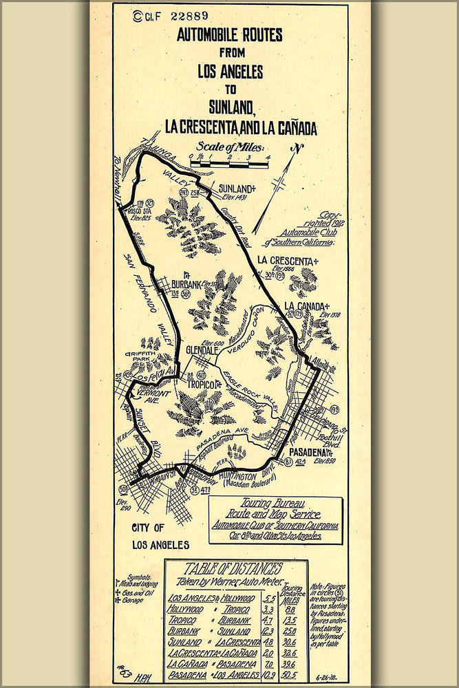 24"x36" Gallery Poster, map of Los Angeles to Sunland, La Crescenta, and La Canada 1912