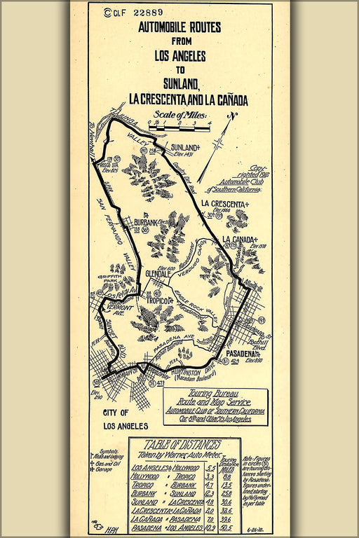 24"x36" Gallery Poster, map of Los Angeles to Sunland, La Crescenta, and La Canada 1912