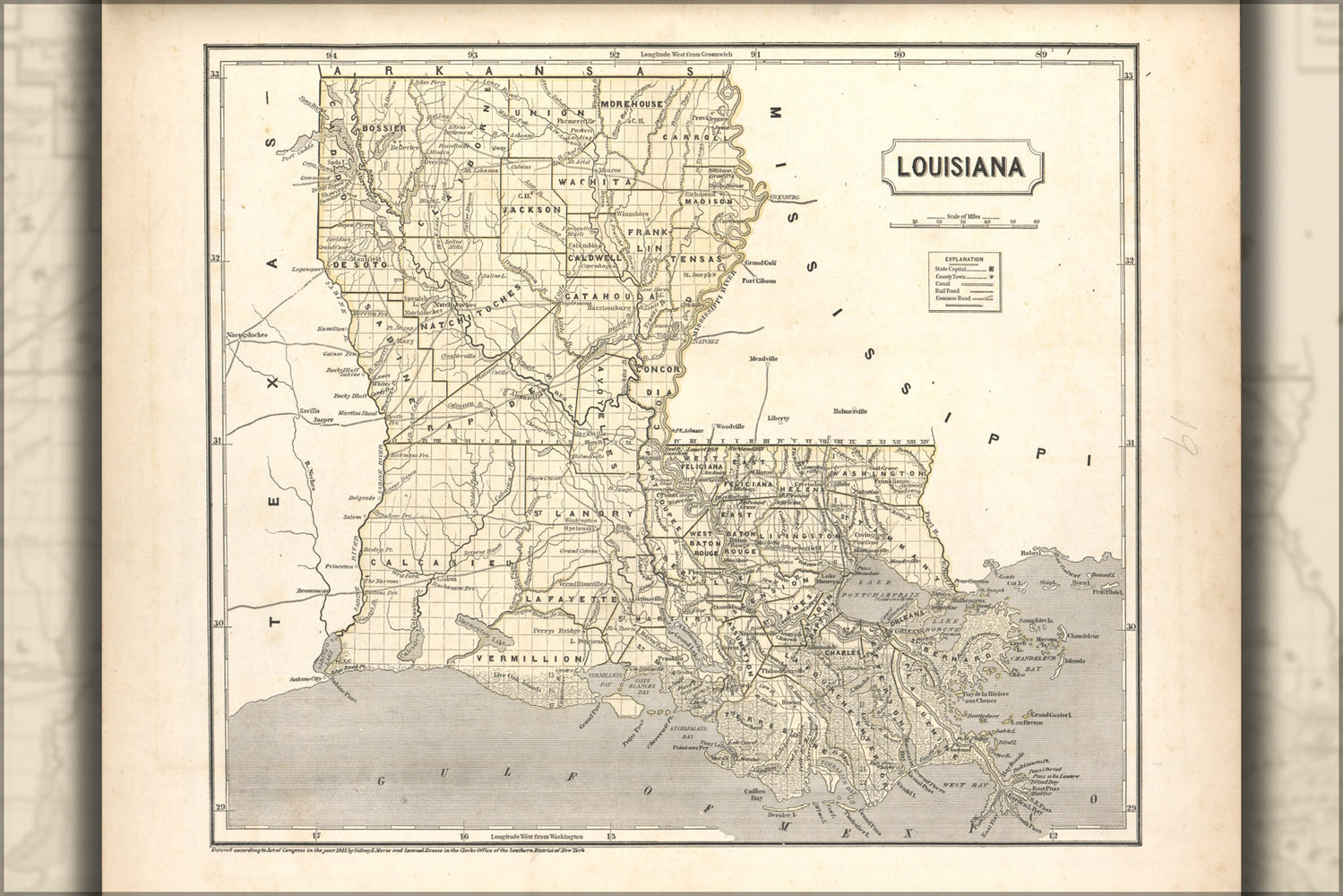 24"x36" Gallery Poster, map of Louisiana 1842