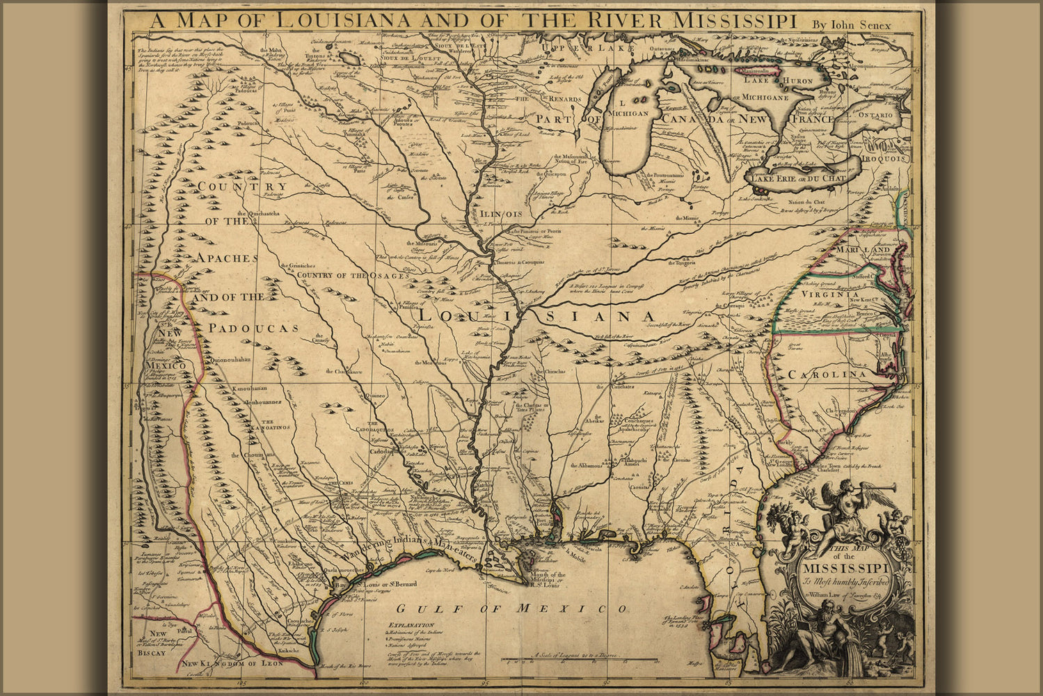 24"x36" Gallery Poster, map of Louisiana and river Mississippi 1721