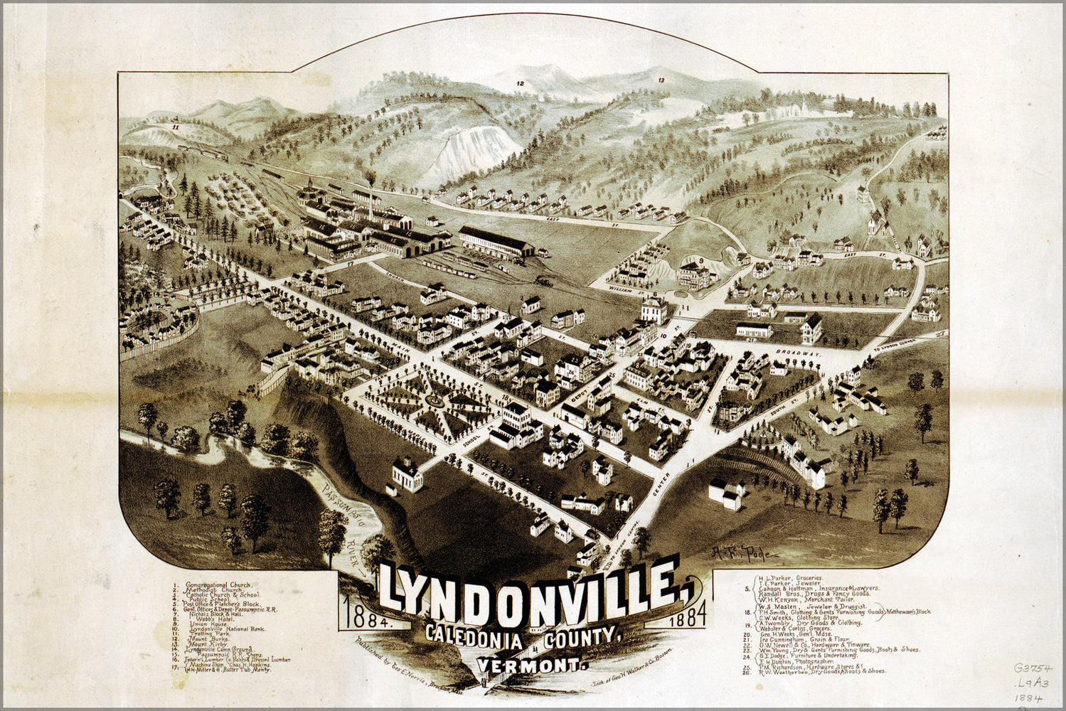24"x36" Gallery Poster, map of Lyndonville, Vermont, 1884