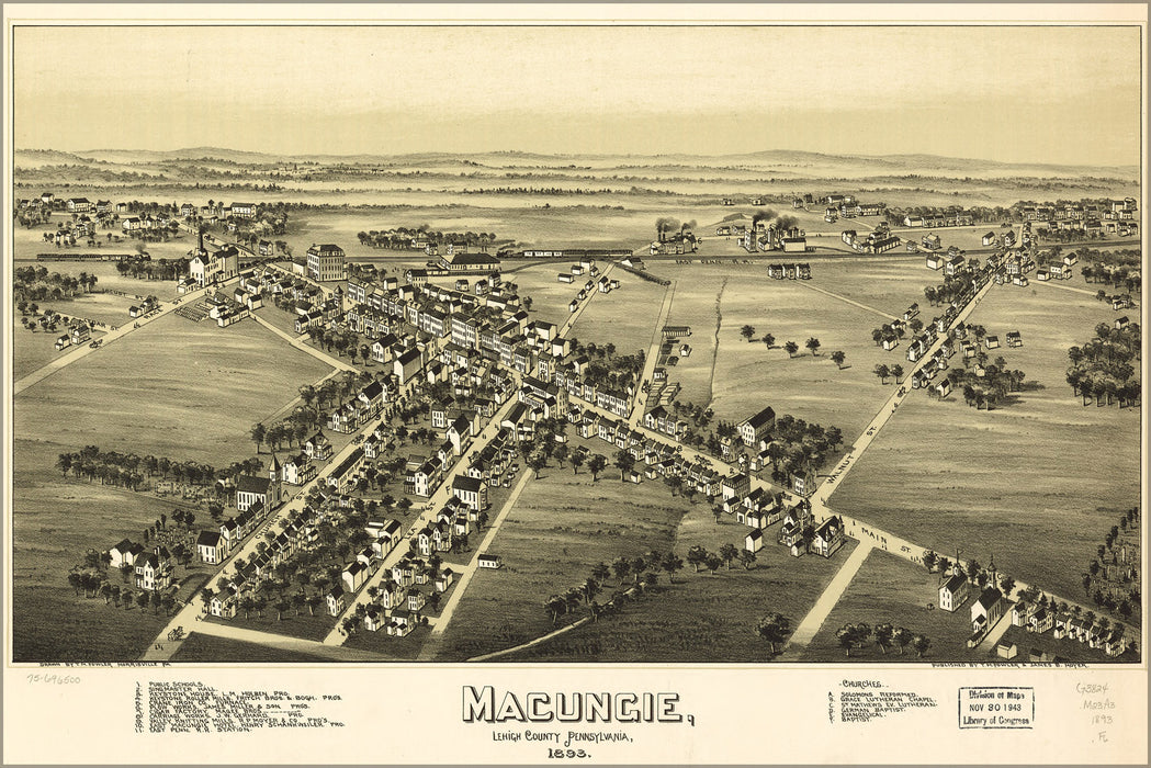 24"x36" Gallery Poster, map of Macungie, Lehigh County Pennsylvania, 1893