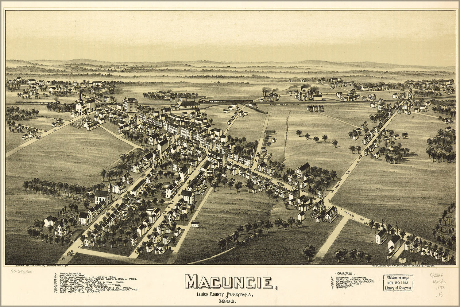 24"x36" Gallery Poster, map of Macungie, Lehigh County Pennsylvania, 1893