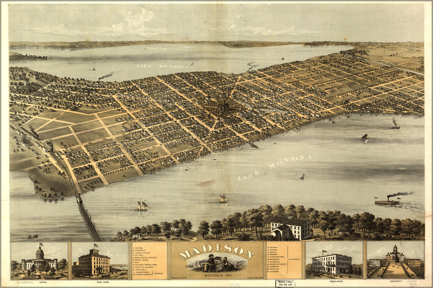 24"x36" Gallery Poster, map of Madison, Wisconsin 1867