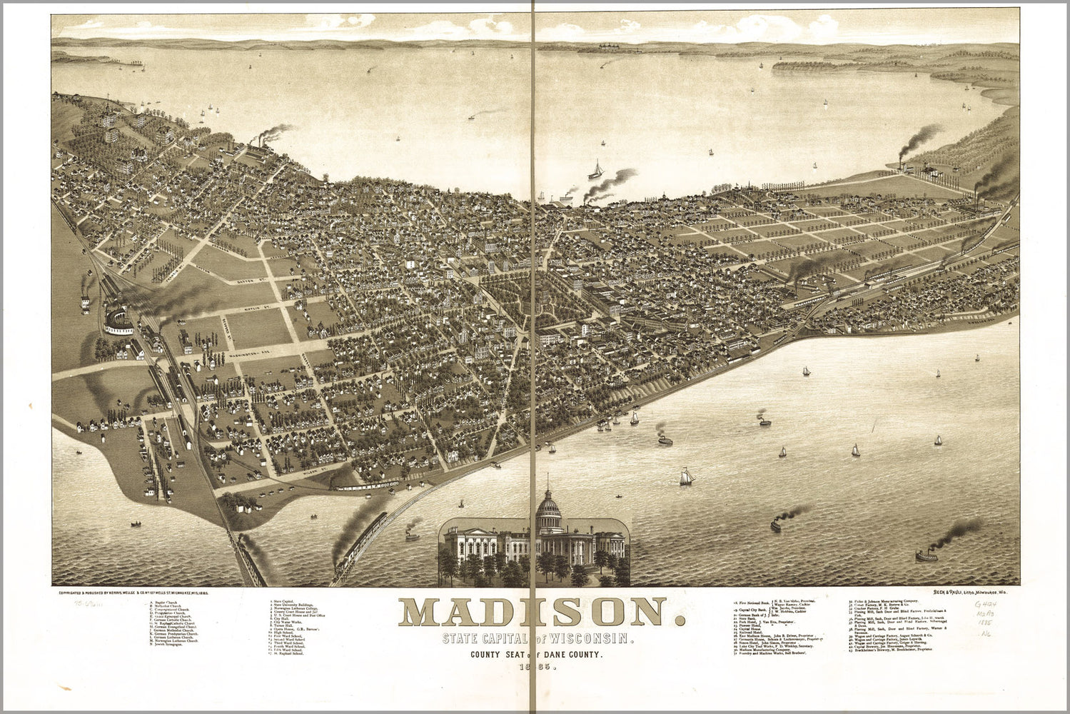24"x36" Gallery Poster, map of Madison, Wisconsin 1885 p2