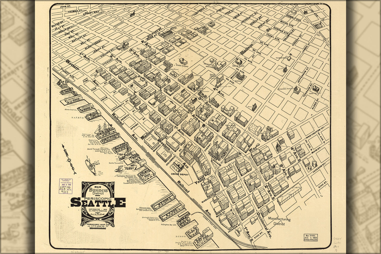 24"x36" Gallery Poster, map of Main business district Seattle 1903