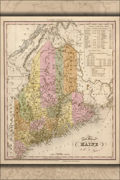 24"x36" Gallery Poster, map of Maine 1844