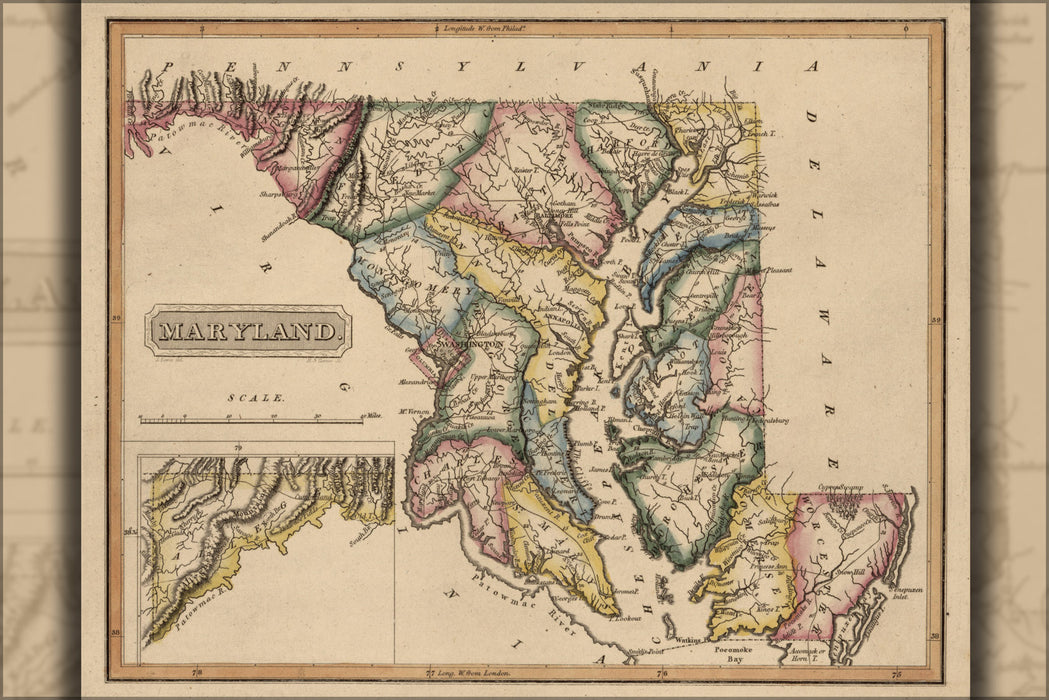 24"x36" Gallery Poster, map of Maryland 1817