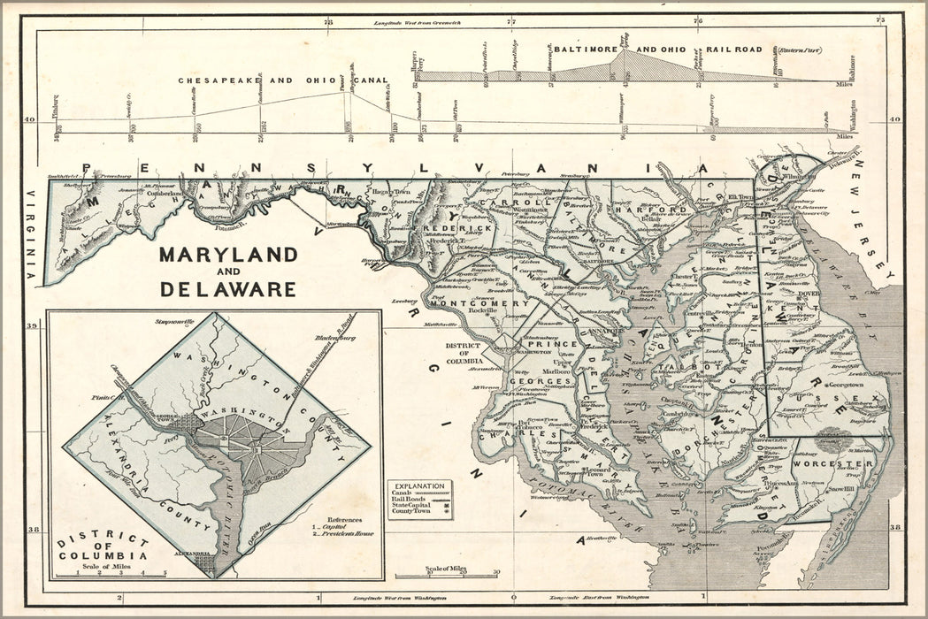 24"x36" Gallery Poster, map of Maryland Delaware washington d.c. 1842