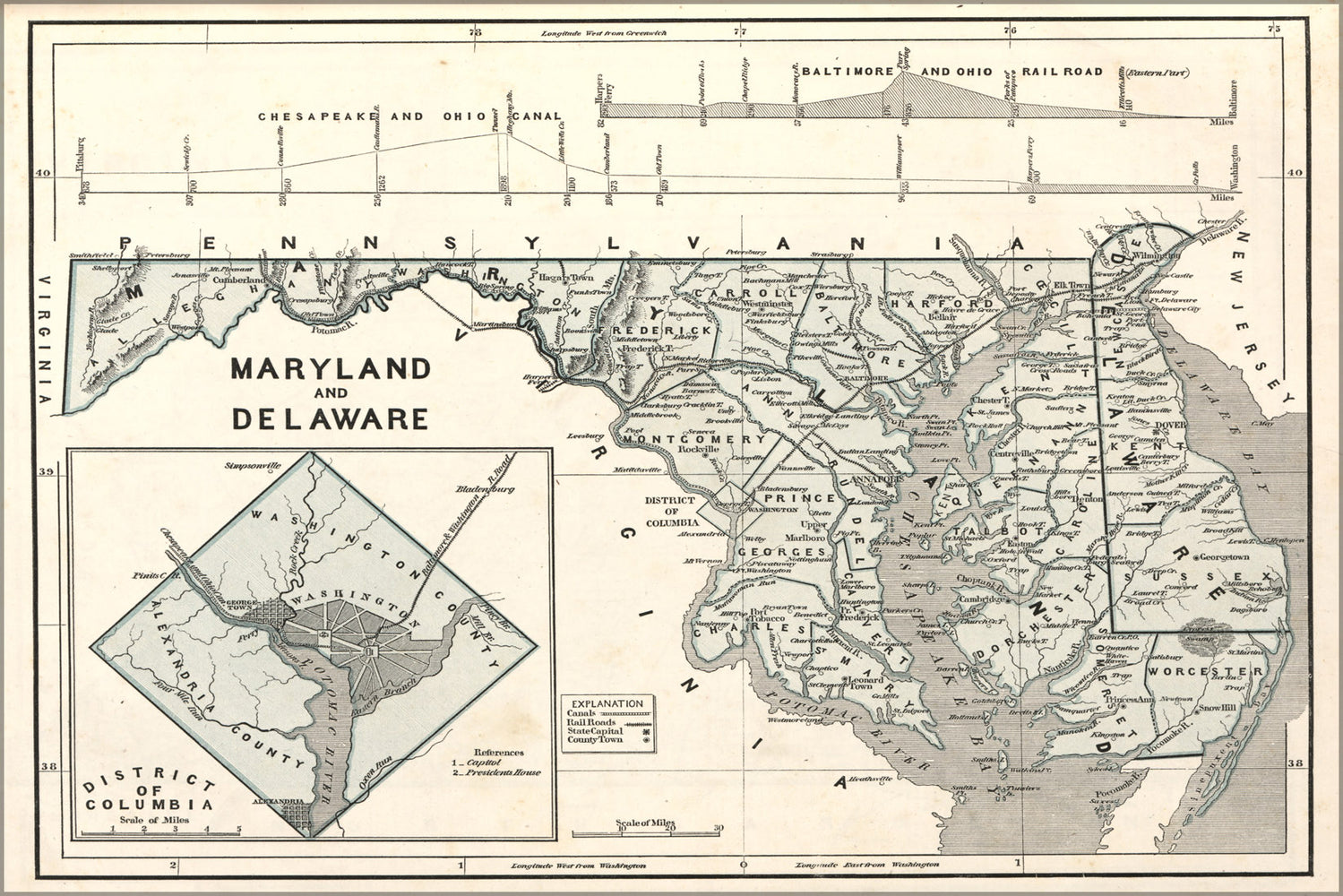 24"x36" Gallery Poster, map of Maryland Delaware washington d.c. 1842