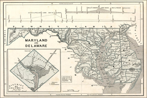 24"x36" Gallery Poster, map of Maryland Delaware washington d.c. 1842