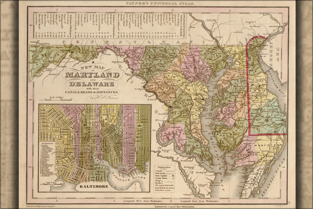 24"x36" Gallery Poster, map of Maryland and Delaware 1844