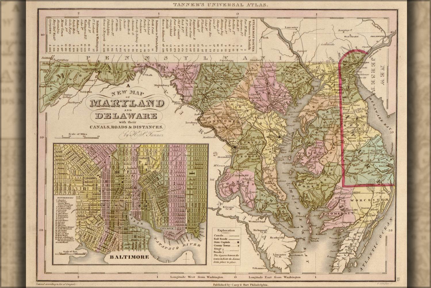 24"x36" Gallery Poster, map of Maryland and Delaware 1844