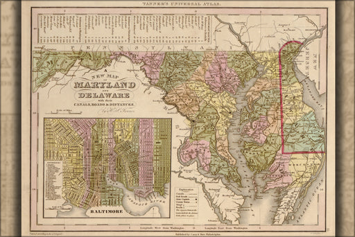 24"x36" Gallery Poster, map of Maryland and Delaware 1844